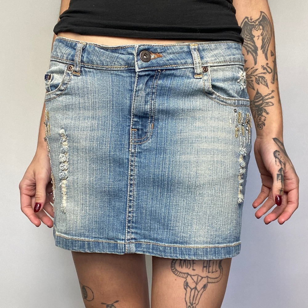 Southpole Y2K Denim Mini Skirt Distressed Seqin Embroidered Grunge Mcbling Sz 7